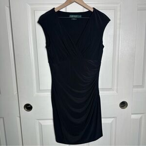 Lauren Ralph Lauren Dress Womens Wrap V-Neck Sz 8 Black Ruched Career Mob Wife